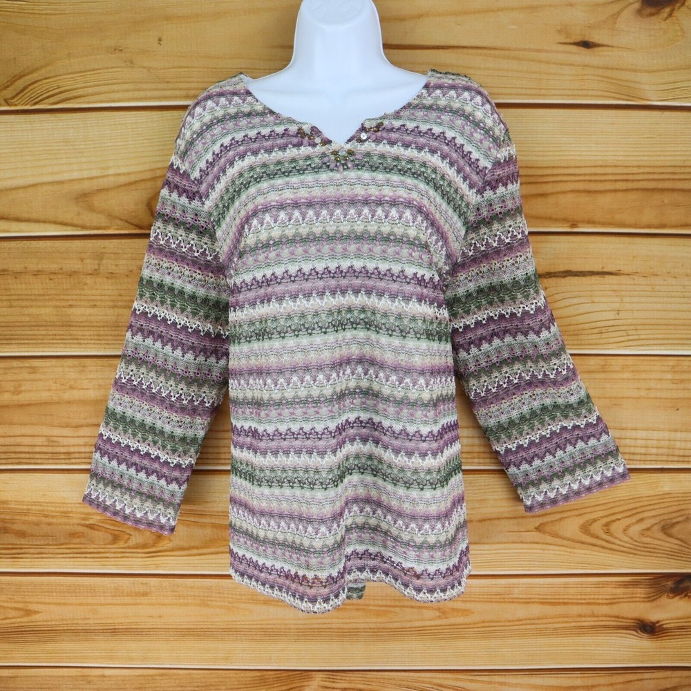 Alfred Dunner Knit Top Womens XL Multicolor Striped Polyester Blend Lined Beaded